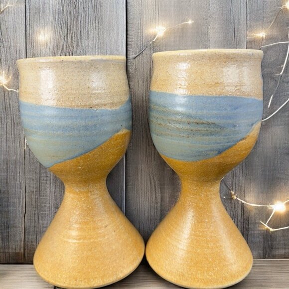 Vintage Large Footed Goblets Cups Set 2 Brown Stoneware Pottery Artist Signed - Picture 2 of 14
